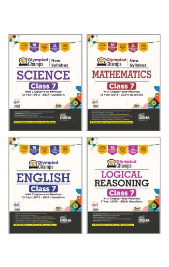 Disha Combo (4 books) Olympiad Champs Class 7 Science, Mathematics, English & Logical Reasoning with Chapter-wise Previous 12 Year (2013 - 2024) Questions | 2026 Exam