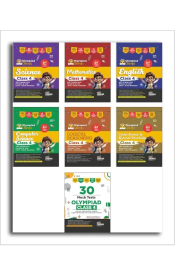Disha Olympiad Combo Class 4 (set of 7 books)   Science, Maths, English, Logical Reasoning, Cyber (Computer) & GK | 4th Edition | Theory, PYQs & Practice Exercise | 30 Mock Tests | SOF Syllabus