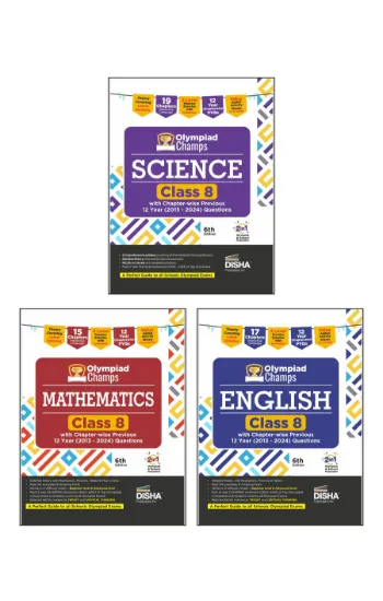 Disha Combo (3 books) Olympiad Champs Science, Mathematics, English Class 8 with Past 12 Year Questions with Chapter-wise Previous 12 Year (2013 - 2024) Questions 6th Edition | 2026 Exam