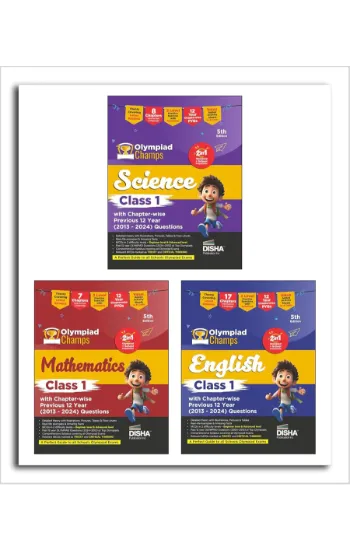 Disha Combo Class 1 (set of 3 Books) Olympiad Champs Science, Maths & English with Previous 12 Year (2013 - 2024) Questions 6th Edition | Theory, PYQs & Practice Exercise | SOF, IMO, NSO, IEO |