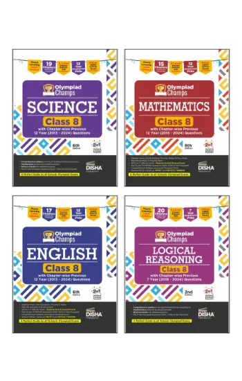 Disha Combo (4 books) Class 8 (set of 4 books) Olympiad Champs Science, Mathematics, English & Logical Reasoning with Chapter-wise Previous 12 Year (2013 - 2024) Questions | 2026 Exam